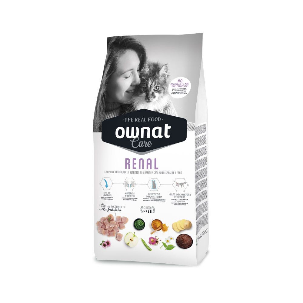 Sac de nourriture pour chats Ownat Care Renal. Texte : "The Real Food". Image d'une femme avec un chat. Texte : "RENAL".