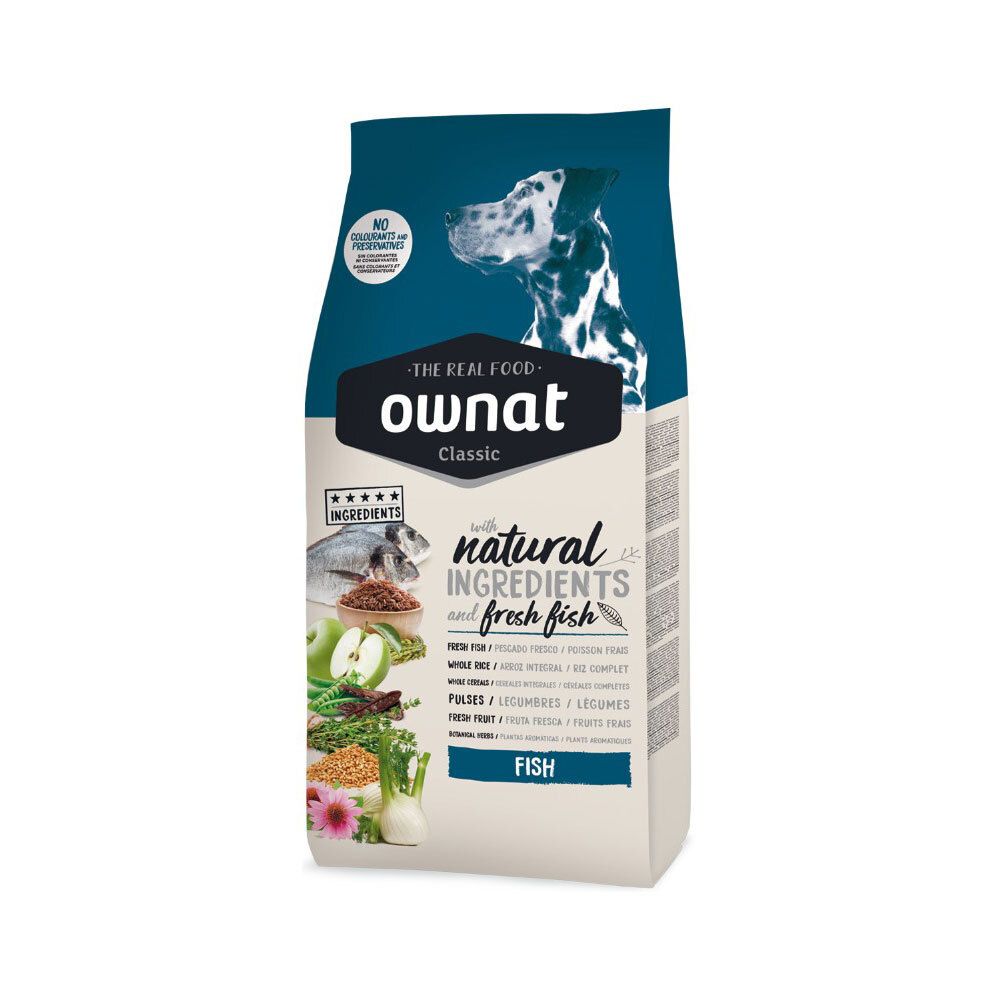 Sac de nourriture pour chiens Ownat Classic. Contient du poisson, des légumes et des fruits. Inscription « Natural Ingredients and fresh fish ».