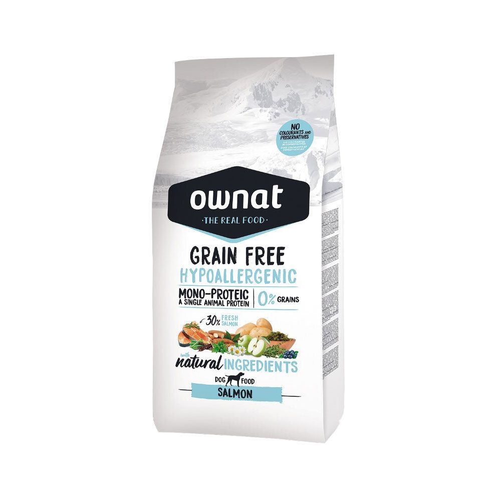 Sac de nourriture pour chiens Ownat, hypoallergénique, sans céréales, au saumon. Informations produit et logo.