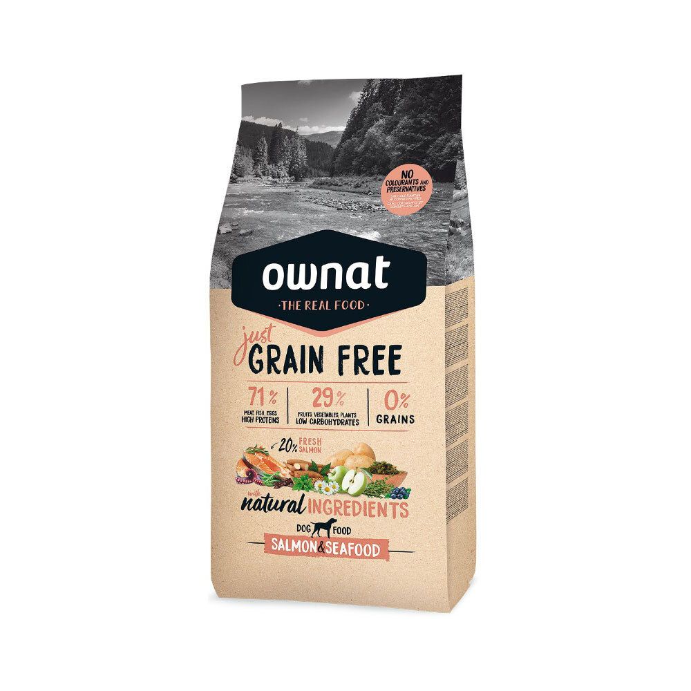 Sac de nourriture pour chiens avec nom et détails du produit. Contient des informations sur les ingrédients et la valeur nutritionnelle.