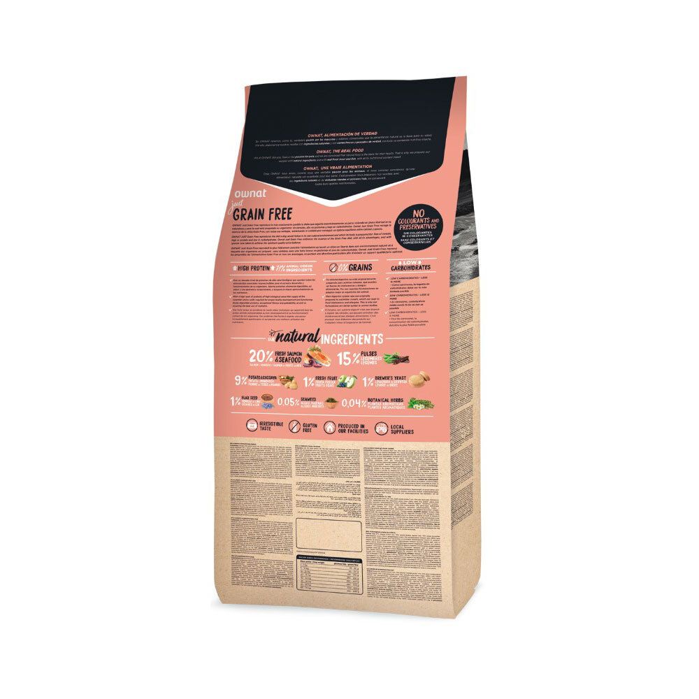 Dos du sac de nourriture pour chiens avec informations sur le produit, ingrédients et informations nutritionnelles.