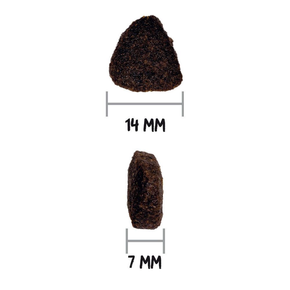 Deux croquettes pour chiens avec indications de taille. Une croquette mesure 14 mm, l'autre 7 mm.