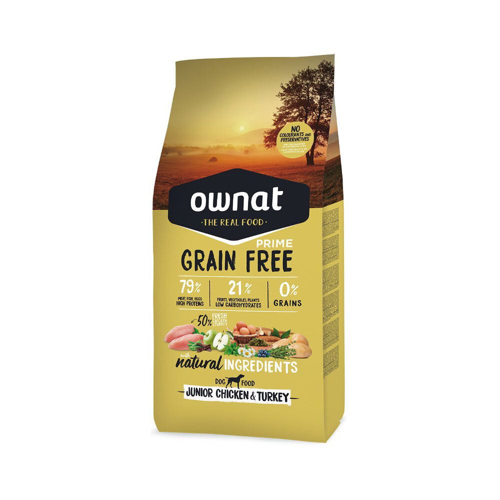 Sac de nourriture pour chien Ownat Prime Junior Chicken & Turkey. Emballage jaune avec informations et illustrations d'ingrédients.