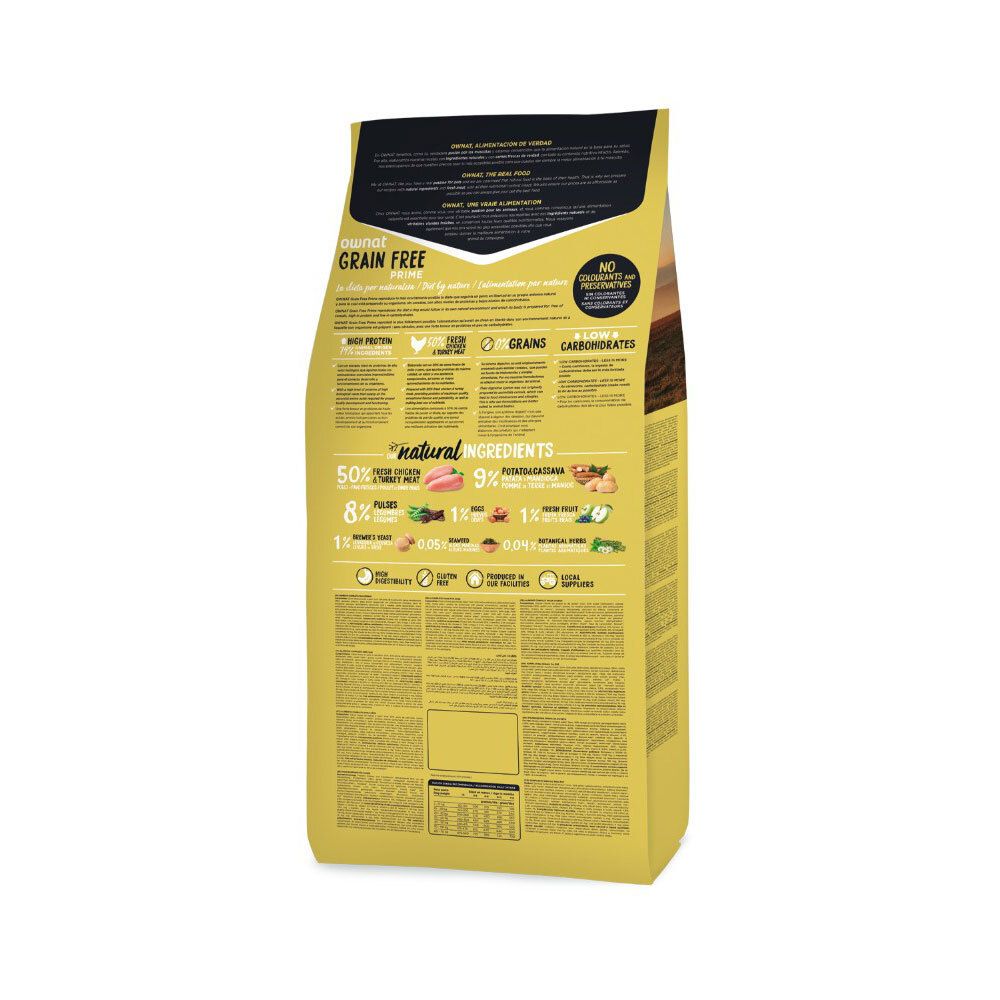 Dos du sac de nourriture pour chien Ownat Prime Junior Chicken & Turkey. Contient des informations sur les ingrédients et la valeur nutritionnelle.