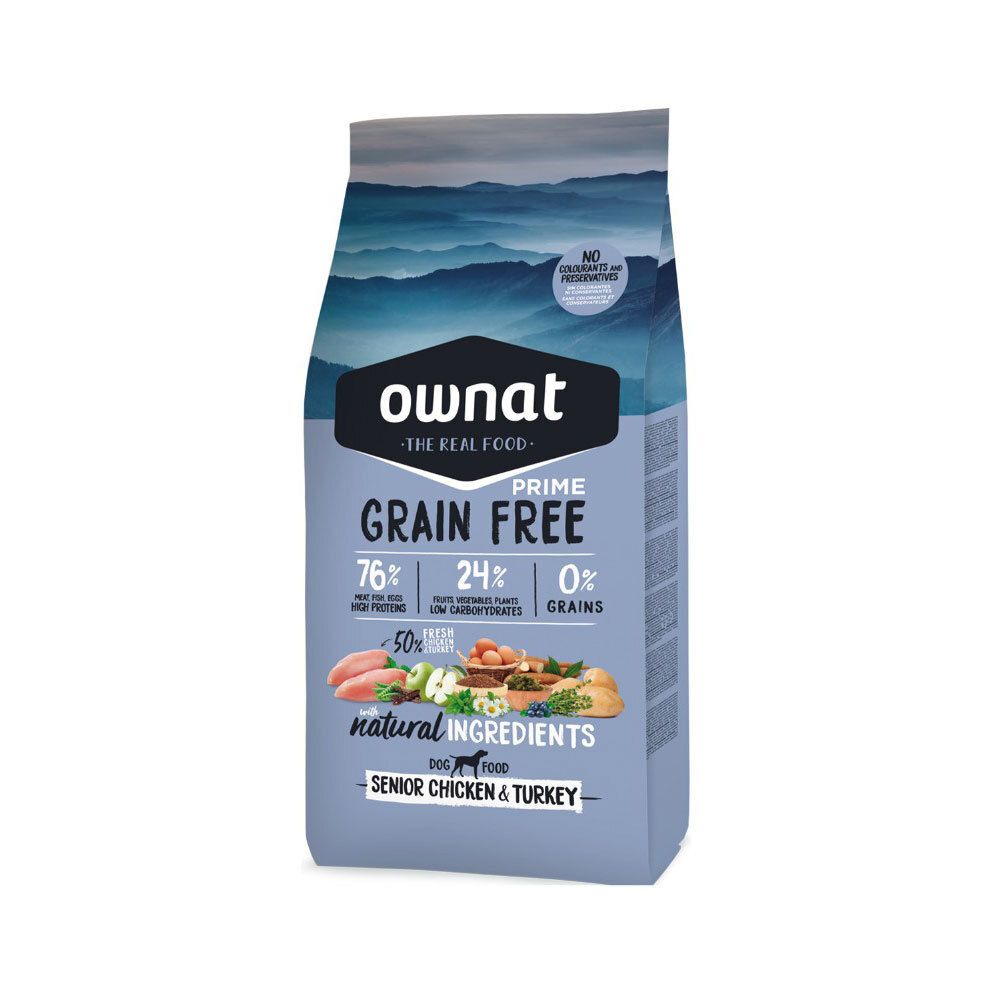 Sac de nourriture pour chiens Ownat Prime Grain Free. Contient 76% de protéines, 24% de glucides, 0% de céréales. Senior Chicken & Turkey.