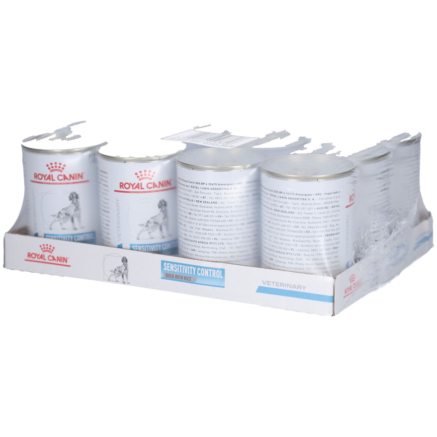 Packung mit vier Dosen Hundefutter. Aufschrift: ROYAL CANIN, SENSITIVITY CONTROL. Veterinär-Produkt.