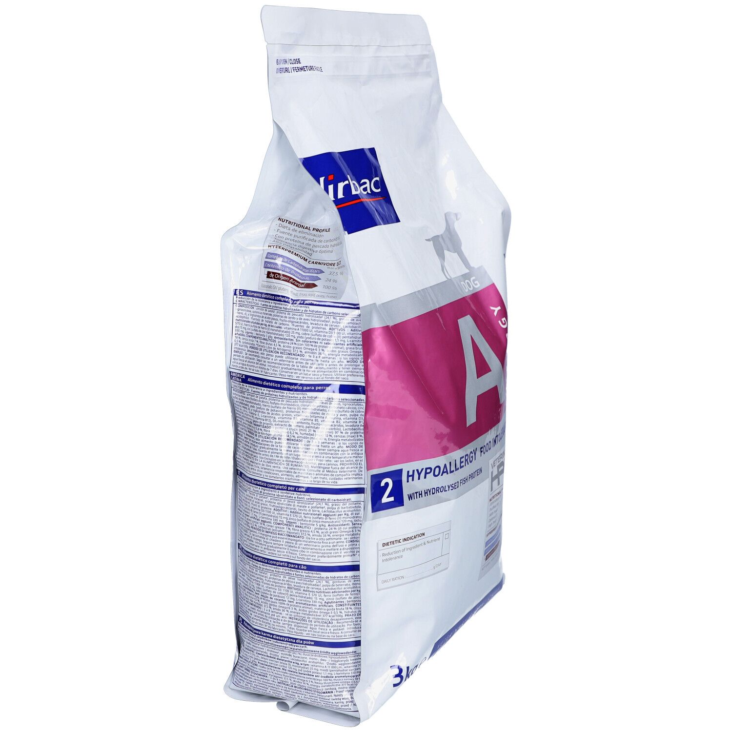 Virbac Veterinary HPM A2 Allergy, 3kg Beutel. Aufdrucke: A, Allergy, HPM, Veterinary, Food Intolerance.
