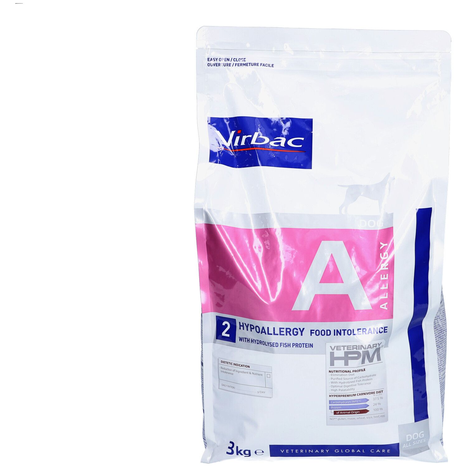 Virbac Veterinary HPM A2 Allergy, 3kg Beutel. Aufdrucke: A, Allergy, HPM, Veterinary, Food Intolerance.