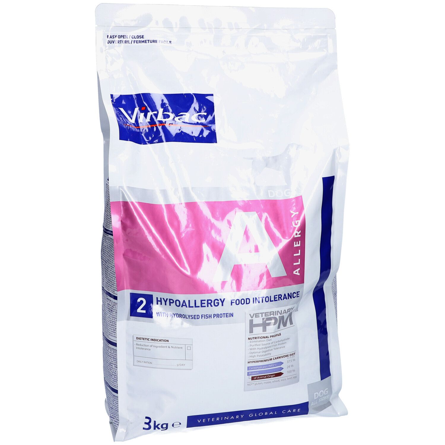 Virbac Veterinary HPM A2 Allergy, 3kg Beutel. Aufdrucke: A, Allergy, HPM, Veterinary, Food Intolerance.