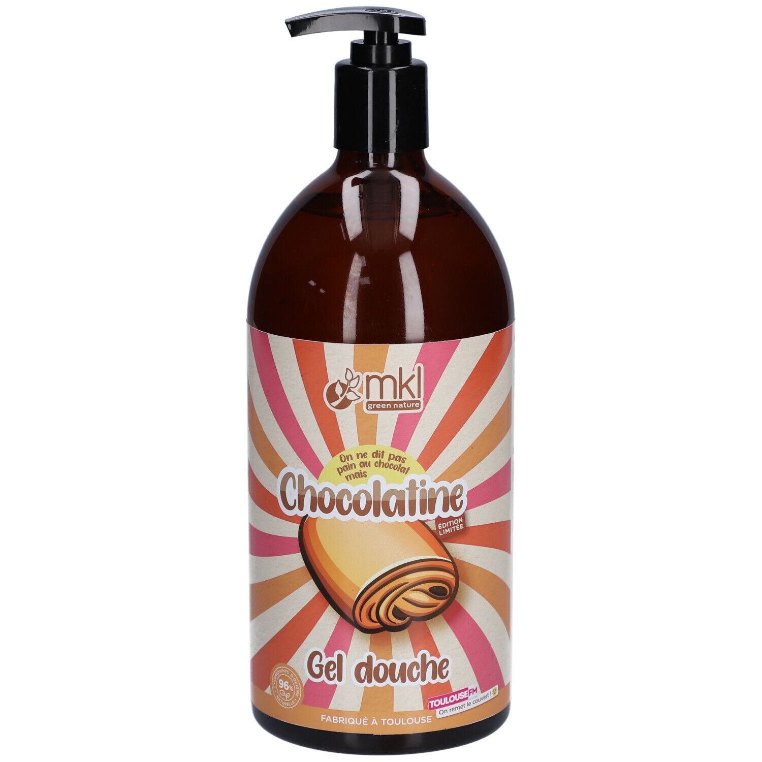 Flacon marron avec pompe noire. Étiquette "Chocolatine" et illustration de viennoiserie. "Gel douche" en dessous.