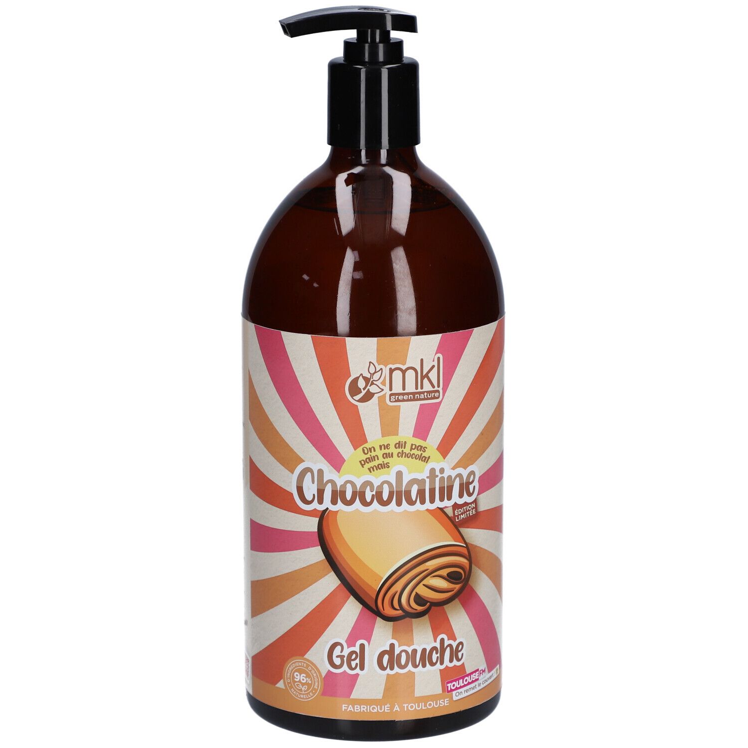 Flacon marron avec pompe noire. Étiquette "Chocolatine" et illustration de viennoiserie. "Gel douche" en dessous.