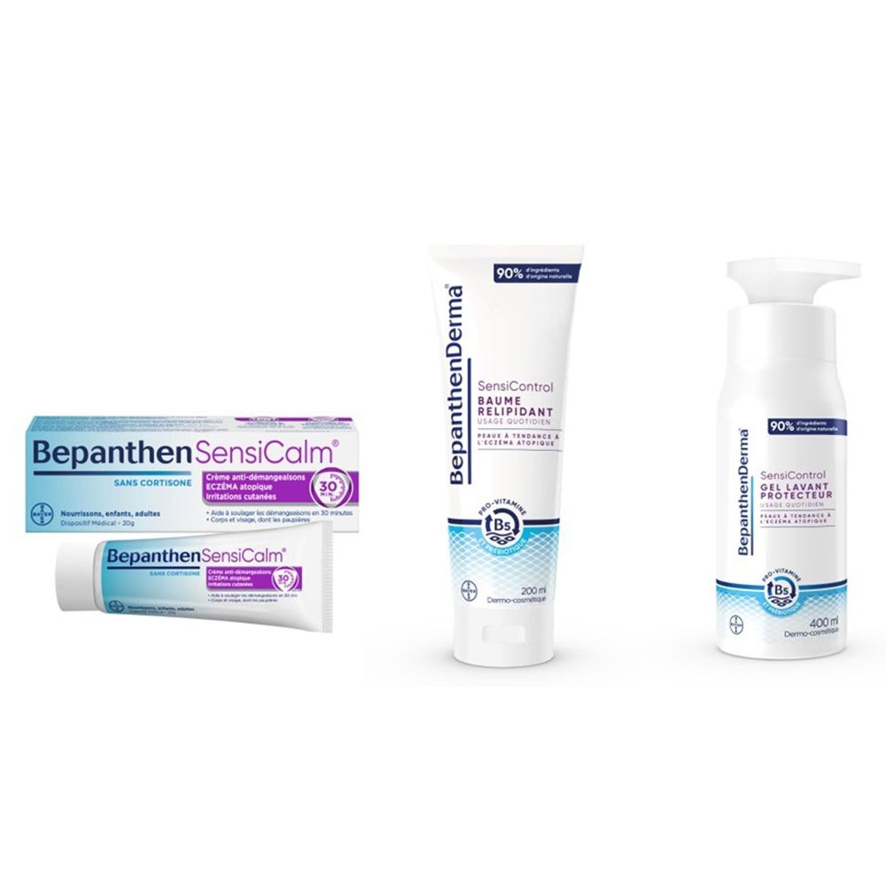 Trois produits Bepanthen : crème, tube et flacon. Inscriptions : Bepanthen SensiCalm, SensiControl, Baume relipidant, Gel lavant protecteur.