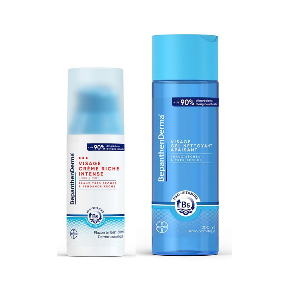 Deux flacons de produits de soin du visage BepanthenDerma. Une crème et un gel nettoyant. Les deux avec des étiquettes bleues et blanches.