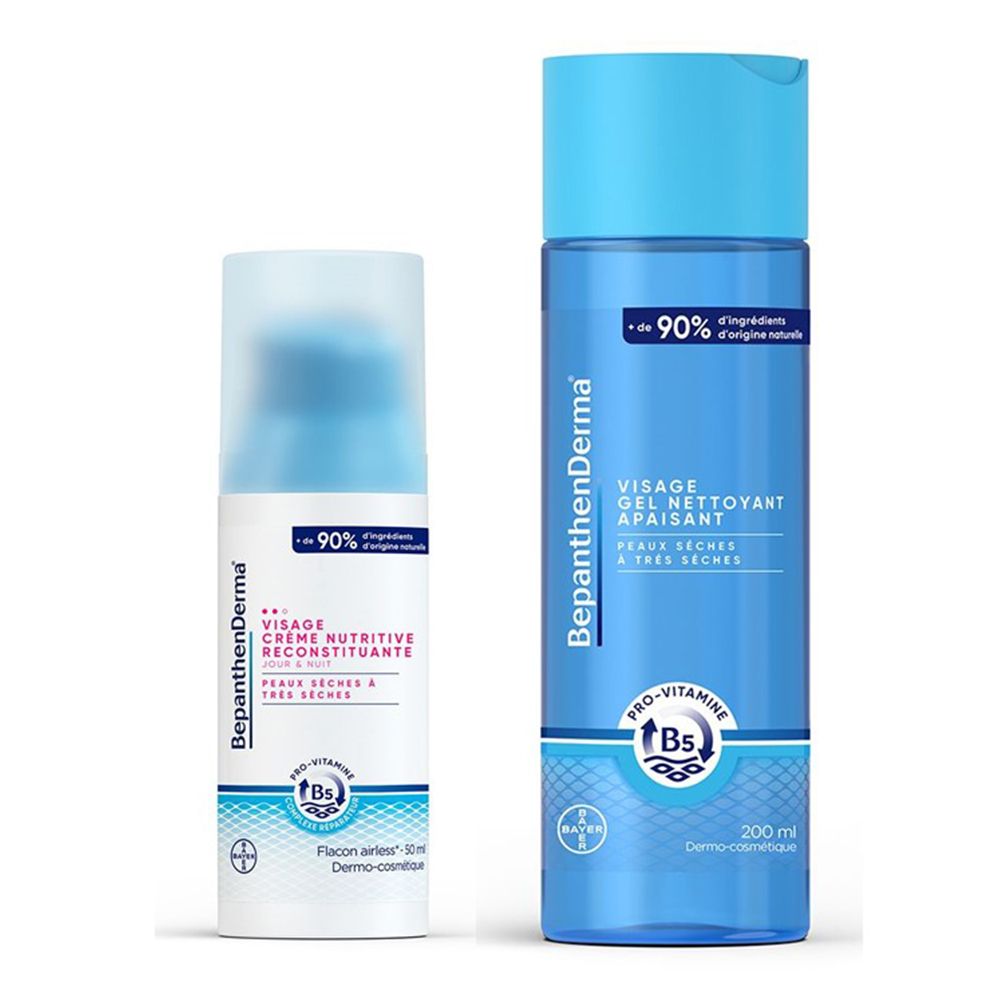 Deux flacons bleus. L'un avec "VISAGE GEL NETTOYANT APAISANT", l'autre avec "VISAGE CREME NUTRITIVE RECONSTITUANTE". Tous deux avec "BepanthenDerma".