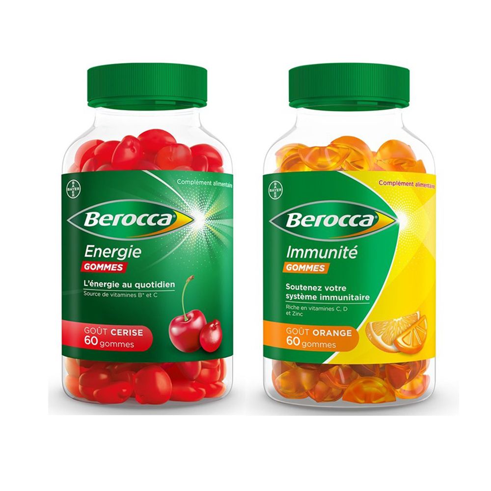 Deux flacons de gommes Berocca. L'un avec des gommes rouges, l'autre avec des gommes oranges. Inscriptions : Energie et Immunité.