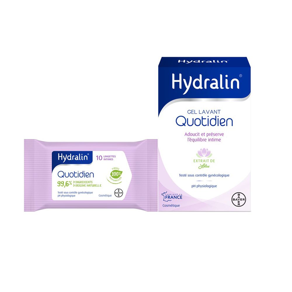 Deux produits Hydralin. Un gel lavant et un paquet de lingettes. Inscription Quotidien, 99,6% ingrédients d'origine naturelle.