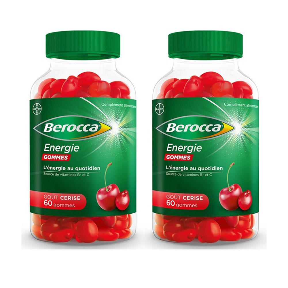 Deux flacons de Berocca Energie GOMMES. Bonbons rouges dans des contenants transparents. Bouchons verts. Inscription : Energie, Gout Cerise.