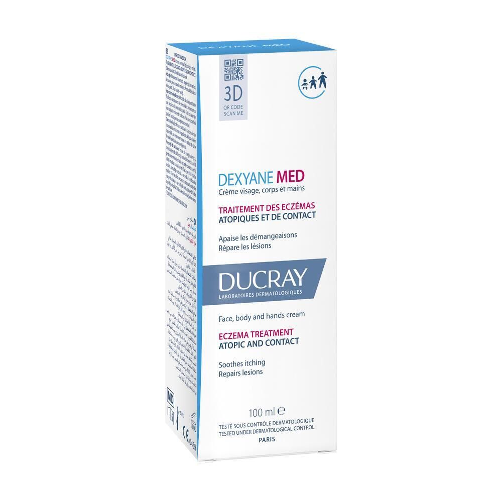 Boîte blanche avec texte bleu. DEXYANE MED, crème visage, corps et mains. Traitement des eczémas atopiques et de contact.