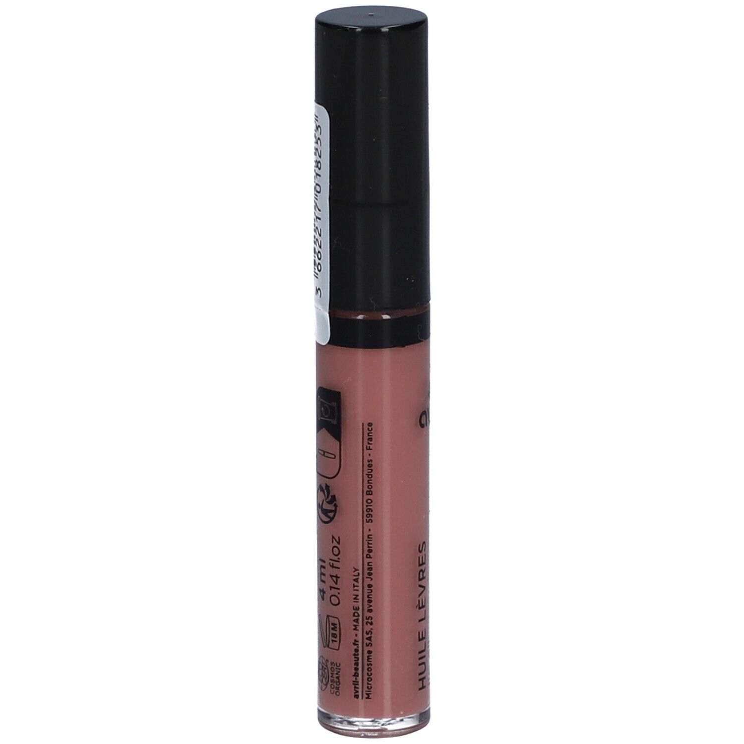 Flacon d'huile pour les lèvres avec bouchon noir. Autocollant avec informations. Inscription : HUILE LÈVRES, label bio certifié.