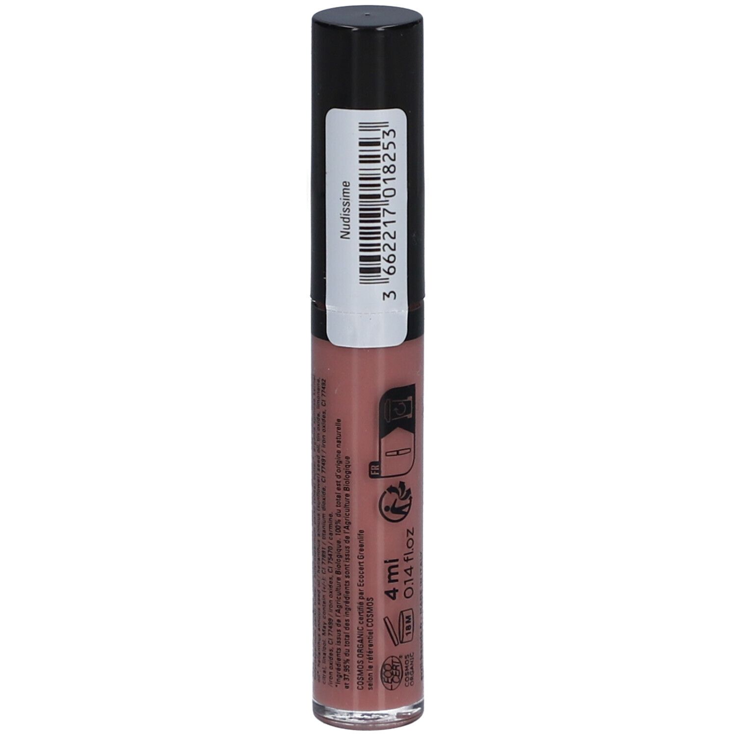Flacon d'huile pour les lèvres avec bouchon noir. Autocollant avec nom du produit Nudissime et informations. 4 ml.