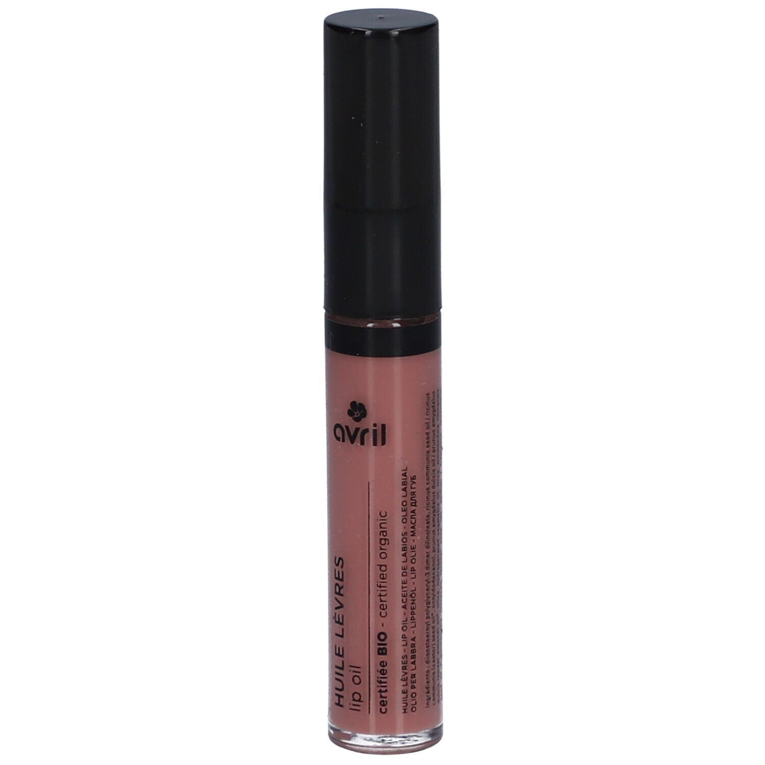 Flacon d'huile pour les lèvres avec bouchon noir. Inscription : HUILE LÈVRES, label bio certifié, marque Avril.