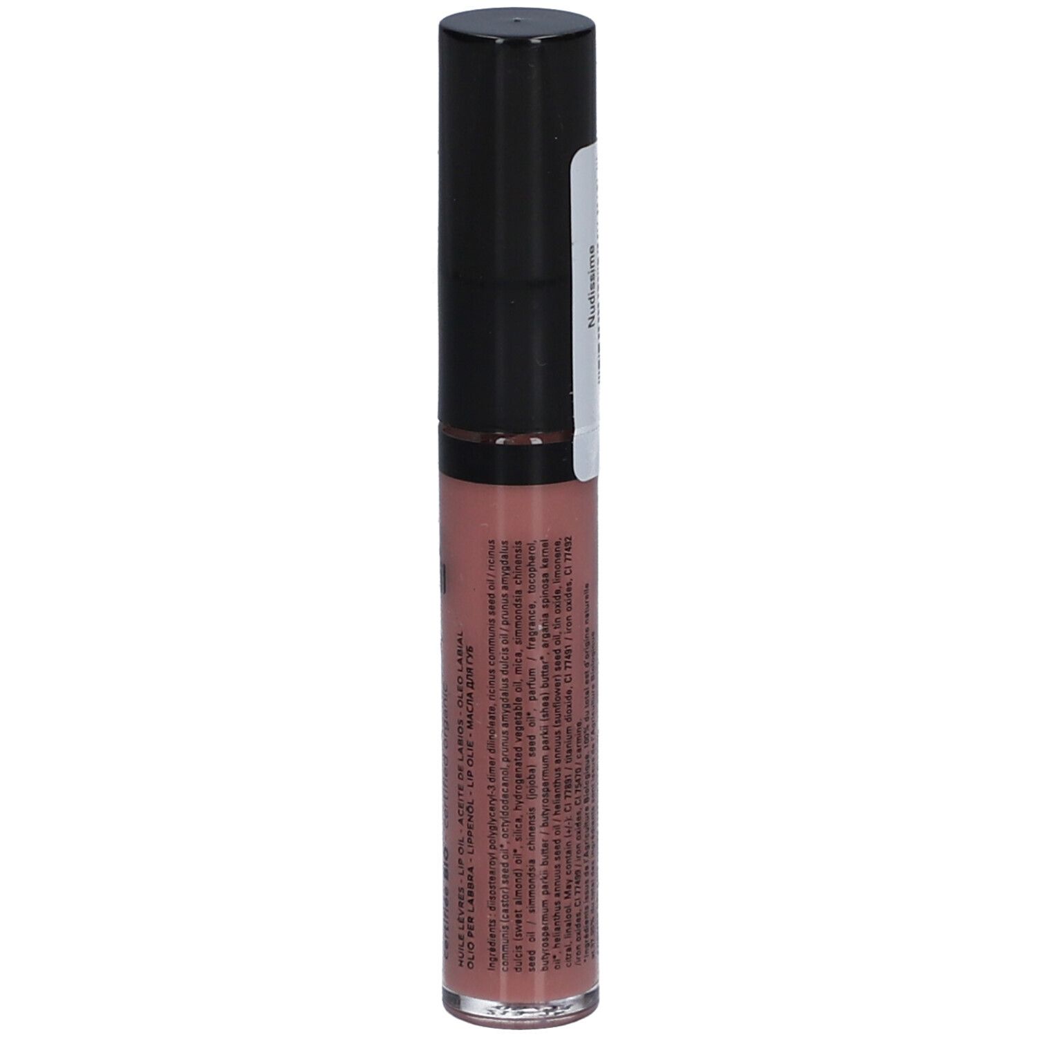 Flacon d'huile pour les lèvres avec bouchon noir. Autocollant avec informations. Inscription : HUILE LÈVRES, label bio certifié.