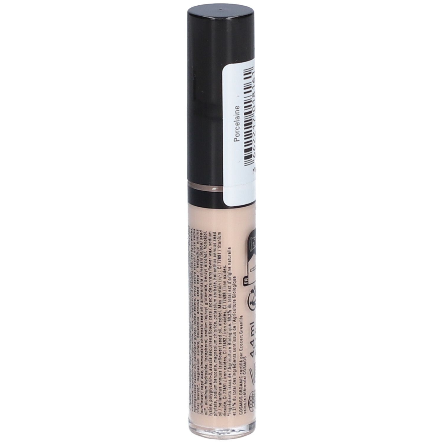 Flüssiger Concealer, Porzellan-Farbe. Schwarzer Deckel, transparente Flasche. Rückseite mit Text.