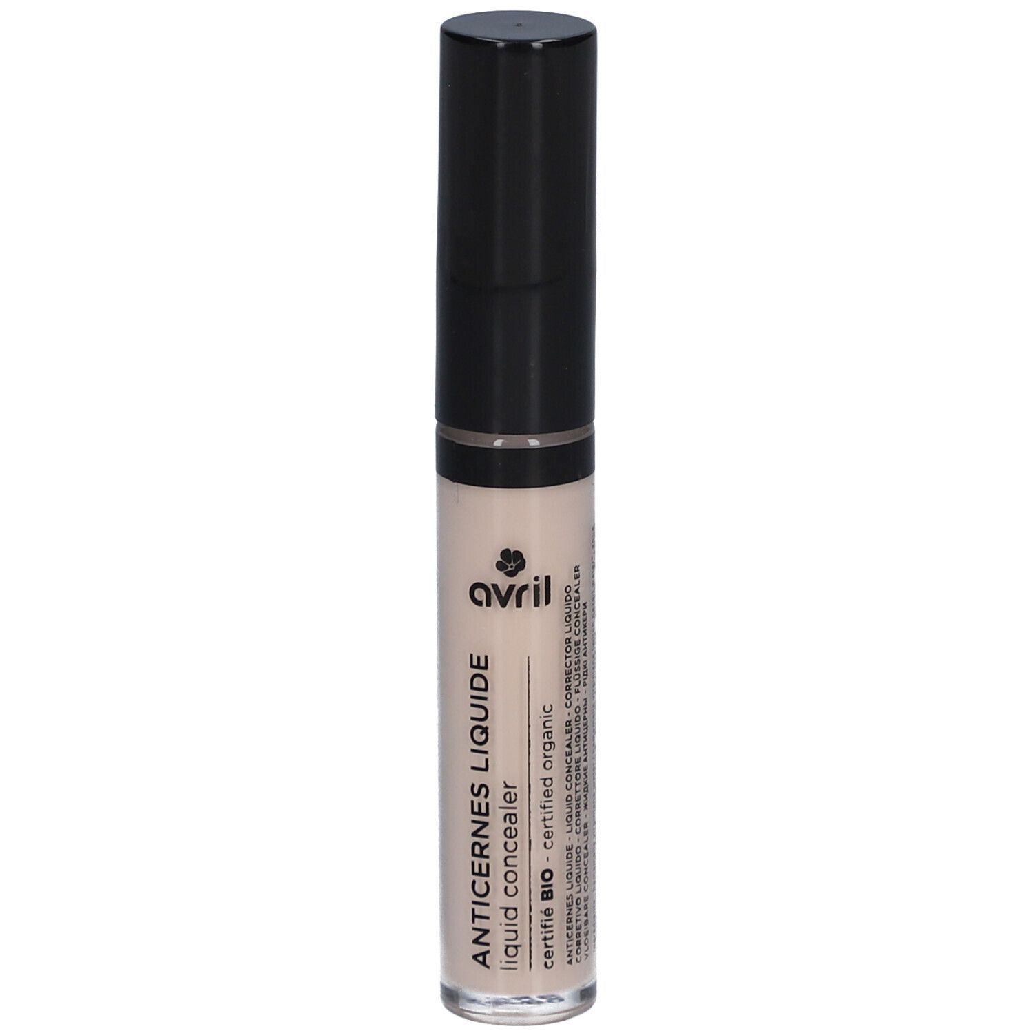 AVRIL Anti-cernes liquide Ivoire. Flacon avec bouchon noir. Nom du produit et logo visibles. Produit certifié bio.