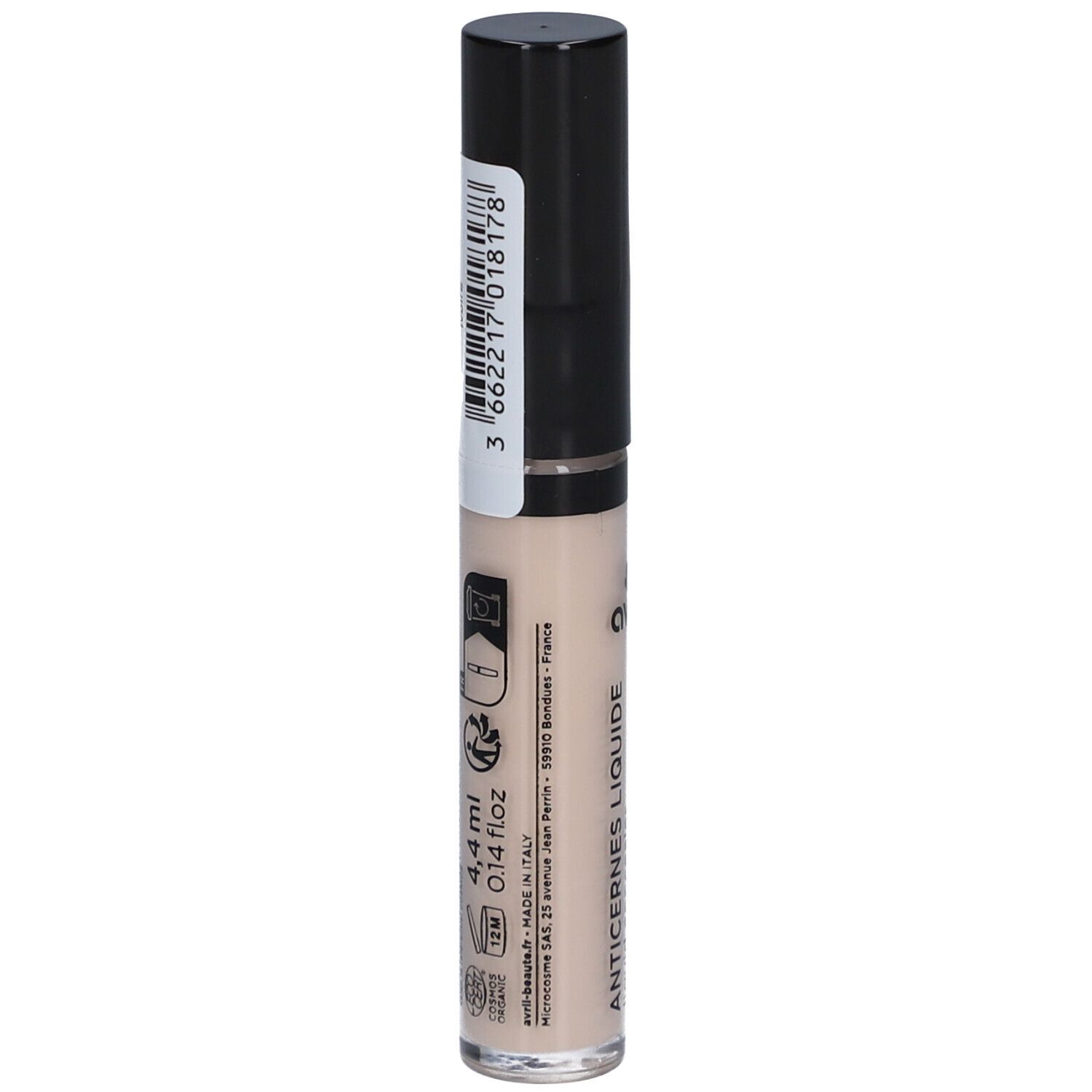 AVRIL Anti-cernes liquide Ivoire. Flacon avec bouchon noir. Code-barres et informations produit au dos.