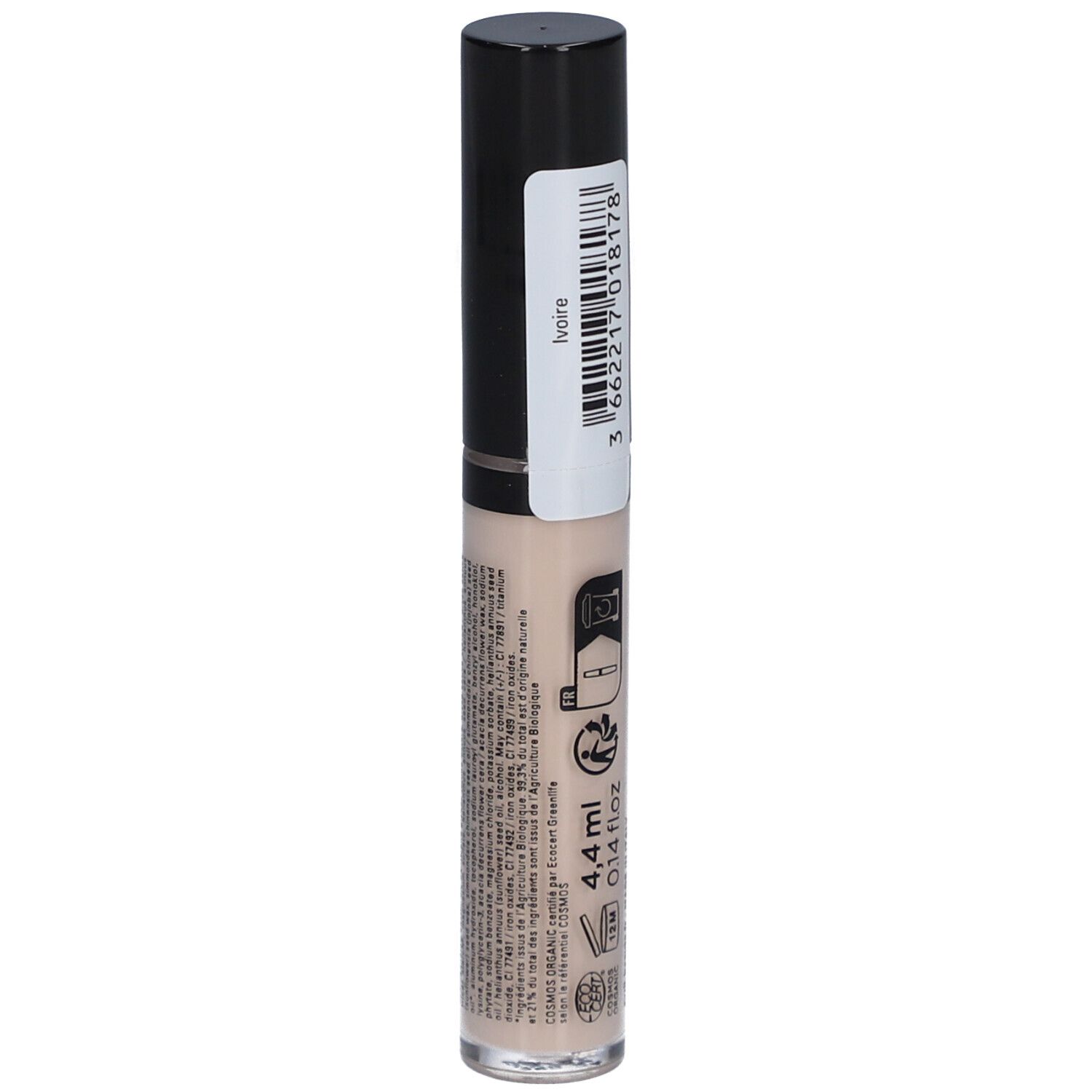 AVRIL Anti-cernes liquide Ivoire. Flacon avec bouchon noir. Nom du produit et teinte 'Ivoire' visibles. 4,4 ml.