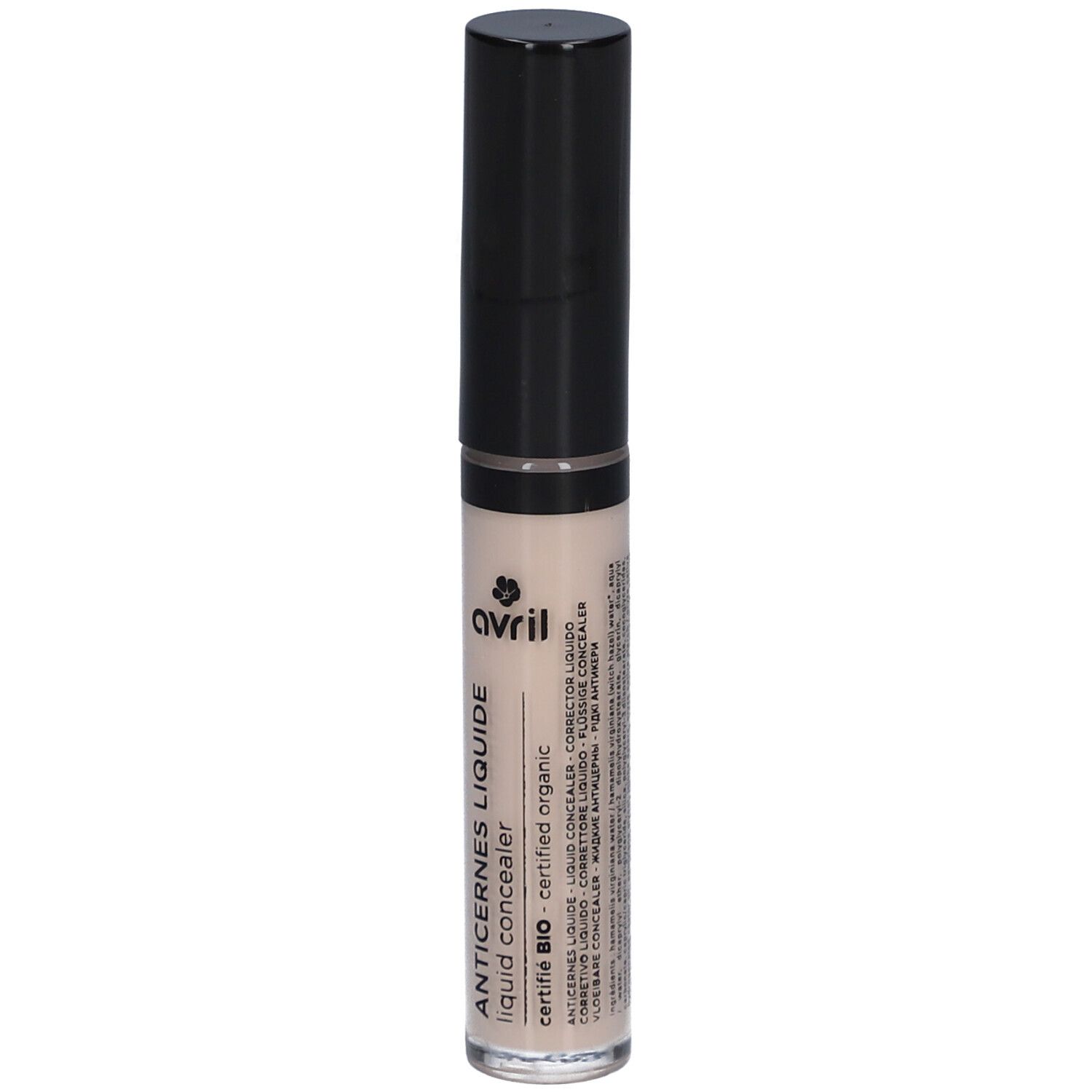 AVRIL Anti-cernes liquide Ivoire. Flacon avec bouchon noir. Nom du produit et logo visibles. Produit certifié bio.