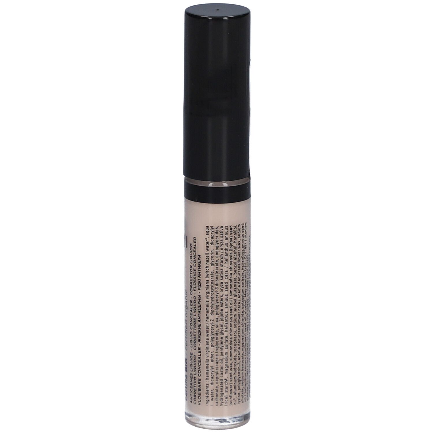 AVRIL Anti-cernes liquide Ivoire. Flacon avec bouchon noir. Informations produit au dos.