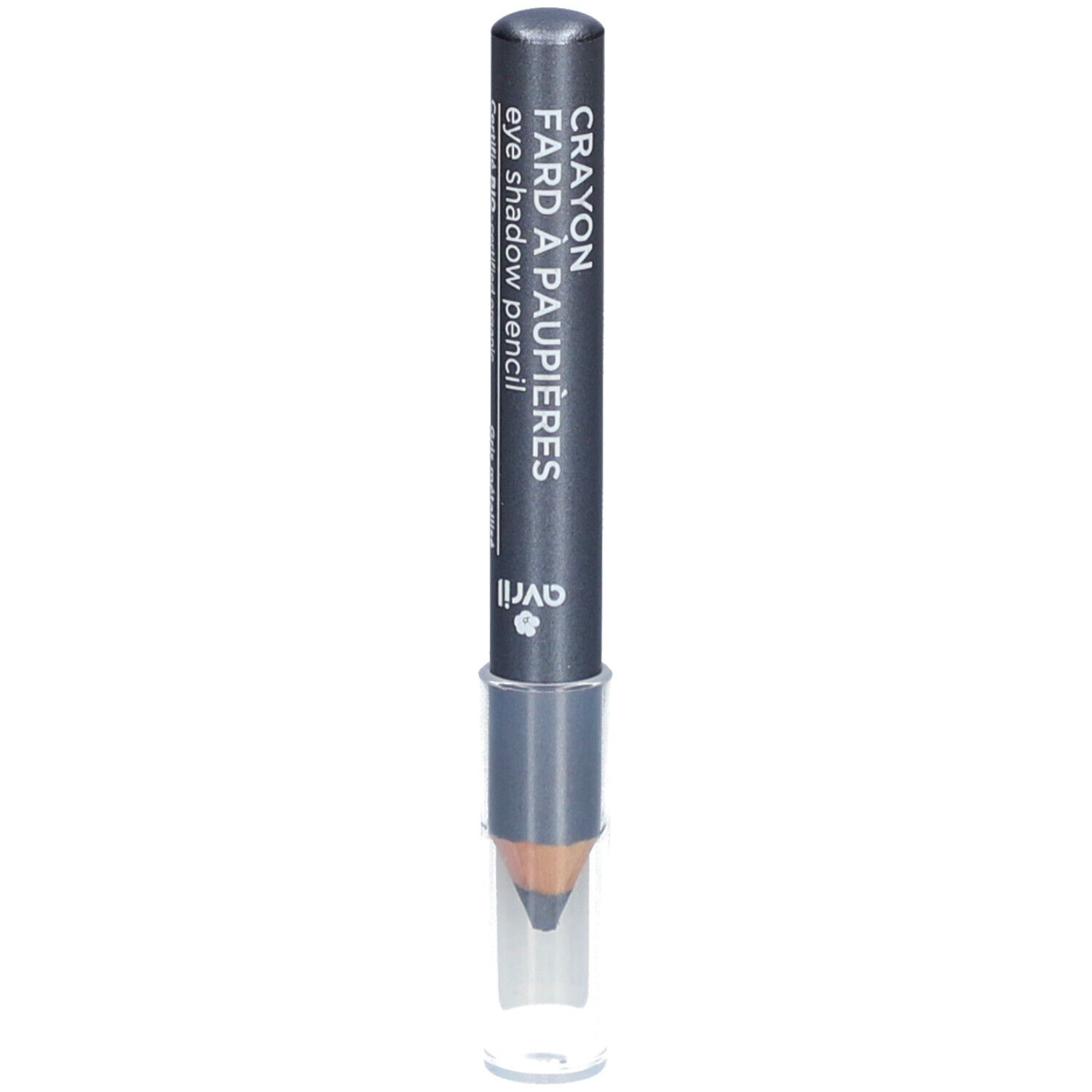 Crayon fard à paupières gris métallisé avec capuchon transparent. Inscription: Crayon Fard à Paupières, eye shadow pencil, Avril.