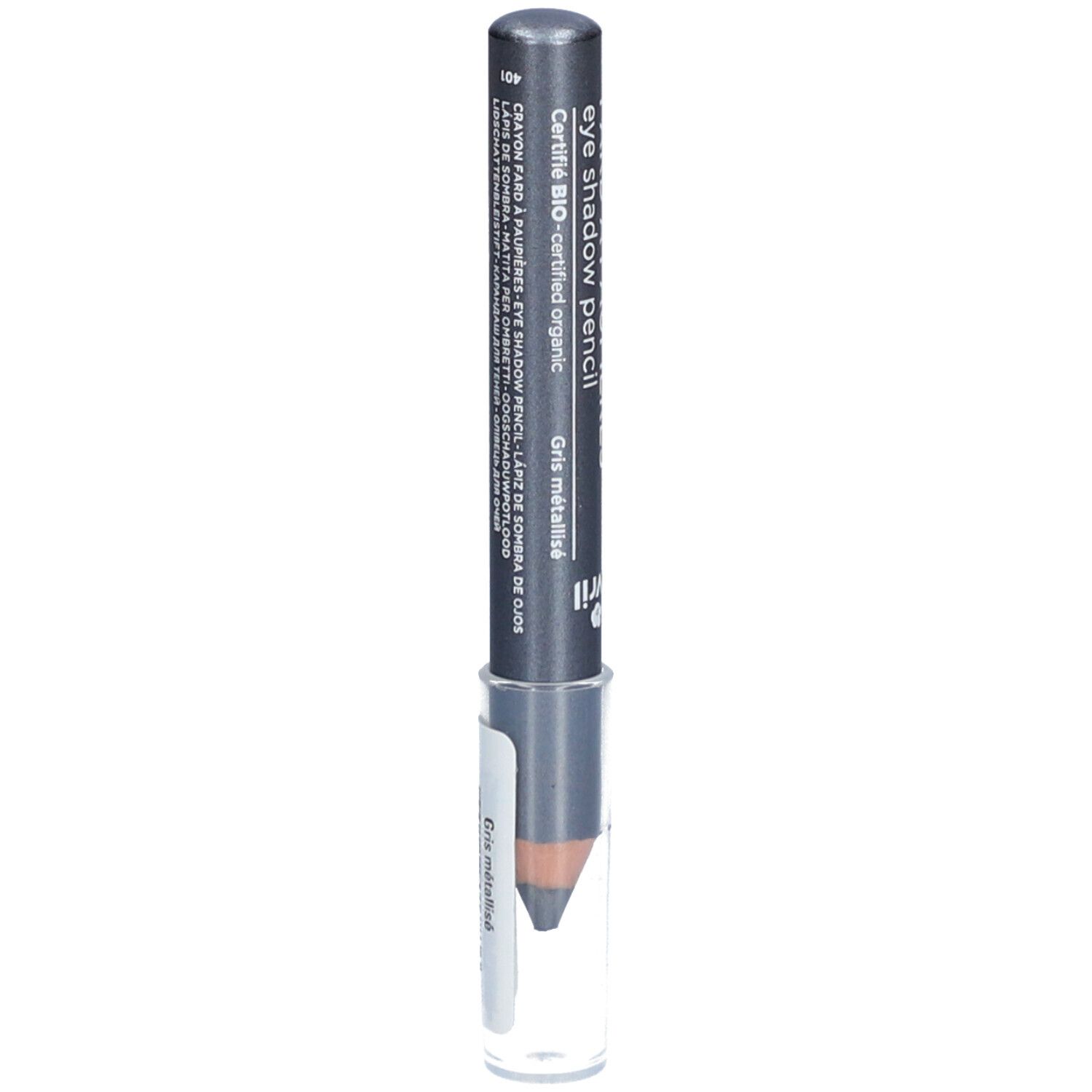 Crayon fard à paupières gris métallisé avec capuchon transparent. Inscription: eye shadow pencil, Gris métallisé, Certifié BIO.
