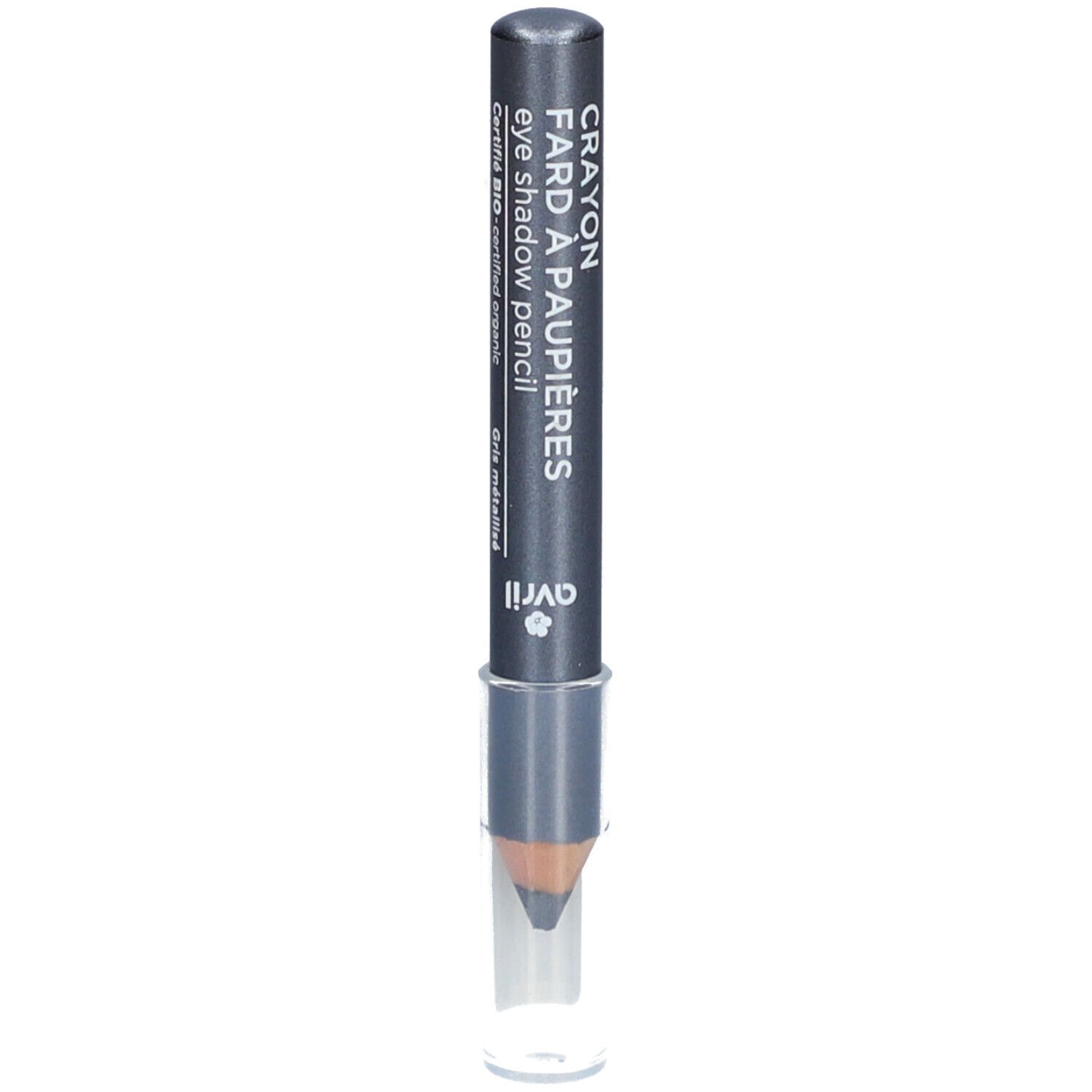 Crayon fard à paupières gris métallisé avec capuchon transparent. Inscription: Crayon Fard à Paupières, eye shadow pencil, Avril.