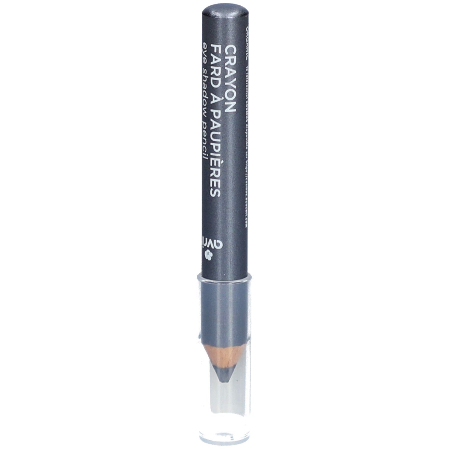Crayon fard à paupières gris métallisé avec capuchon transparent. Inscription: Crayon Fard à Paupières, eye shadow pencil, Avril.