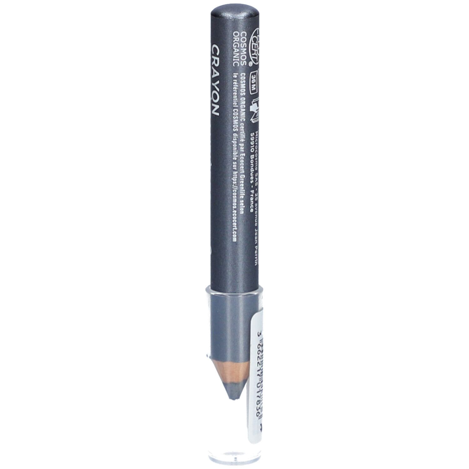 Crayon fard à paupières gris métallisé avec capuchon transparent. Inscription: Crayon, COSMA, certification BIO, Gris métallisé.