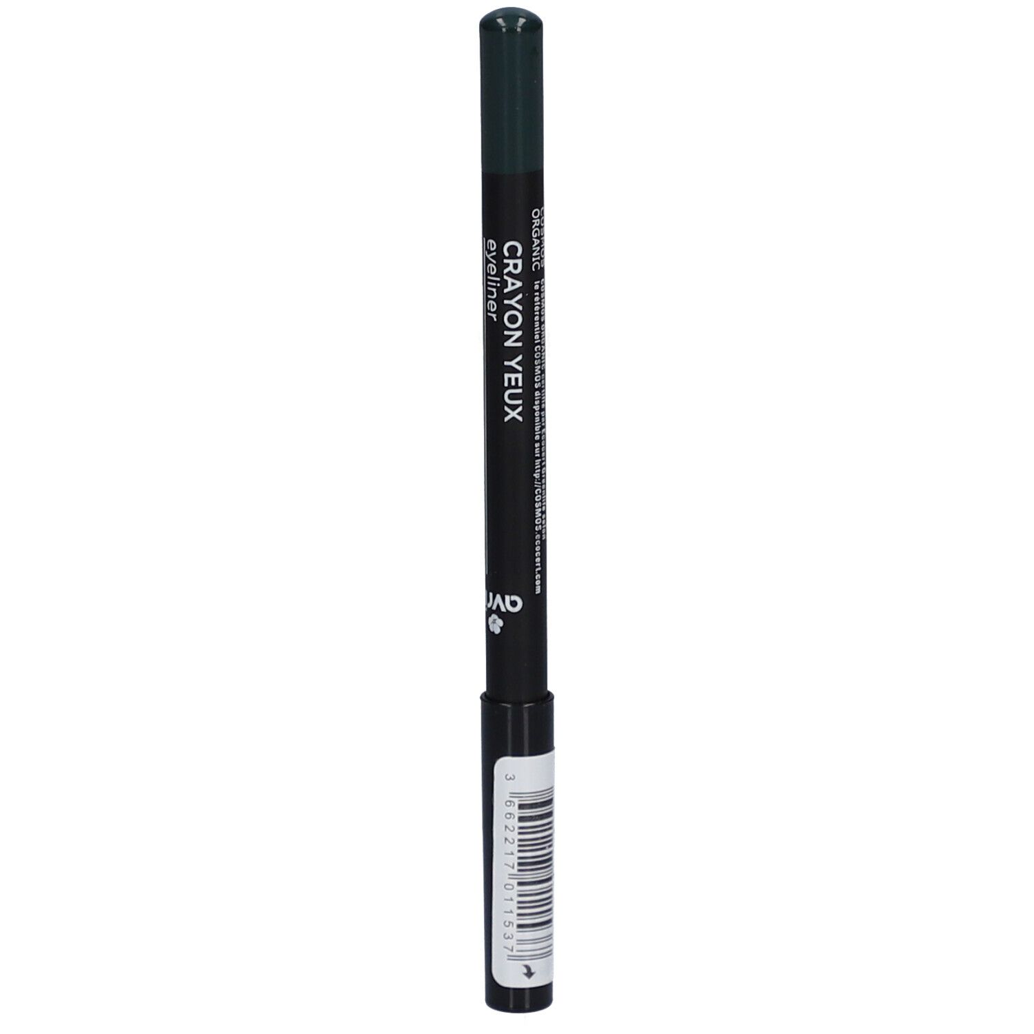 Crayon pour les yeux vert. Inscription: Crayon Yeux Eyeliner. Avec code-barres.