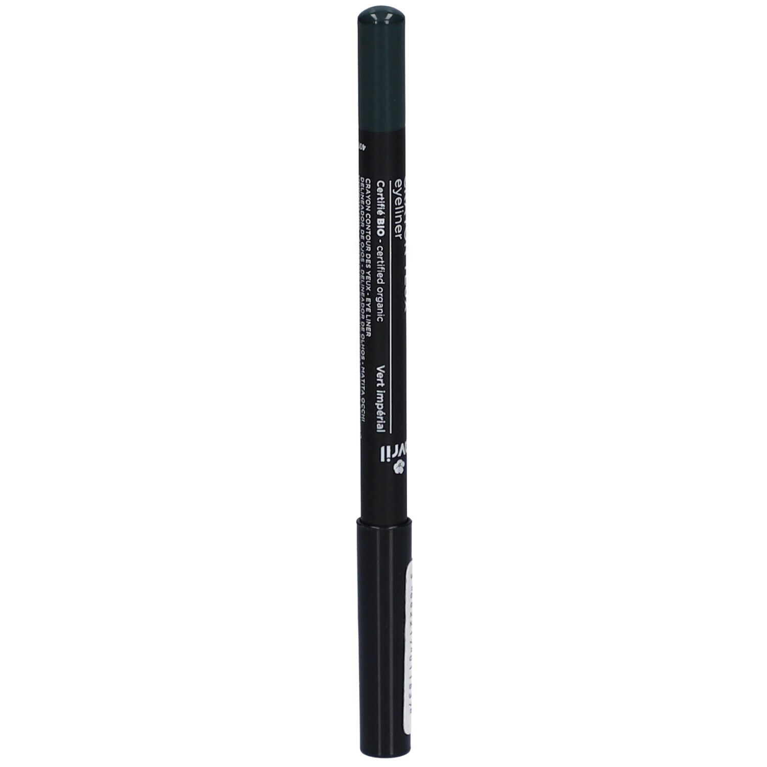 Crayon pour les yeux vert. Inscription: Crayon Yeux Eyeliner. Certifications. Avec code-barres.