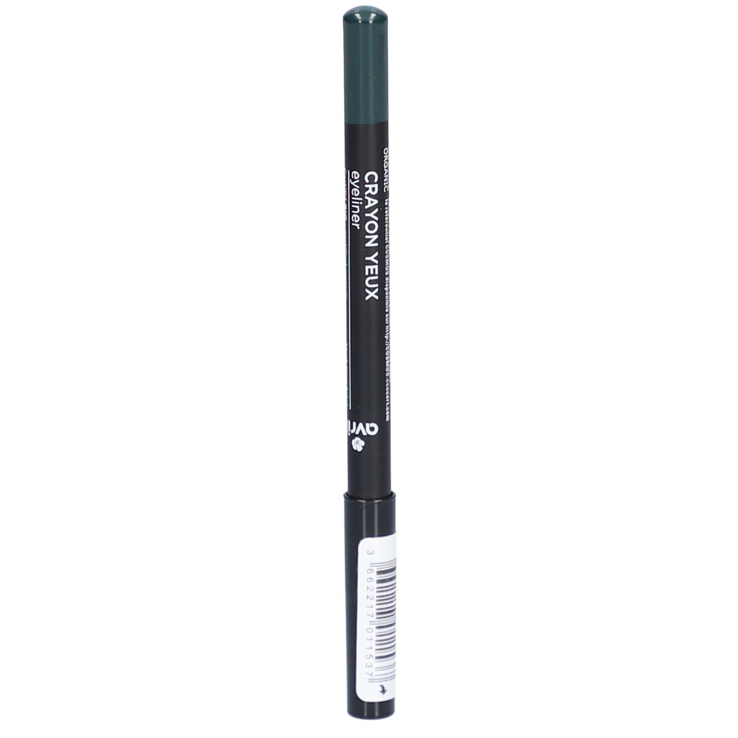 Crayon pour les yeux vert. Inscription: Crayon Yeux Eyeliner. Avec code-barres.