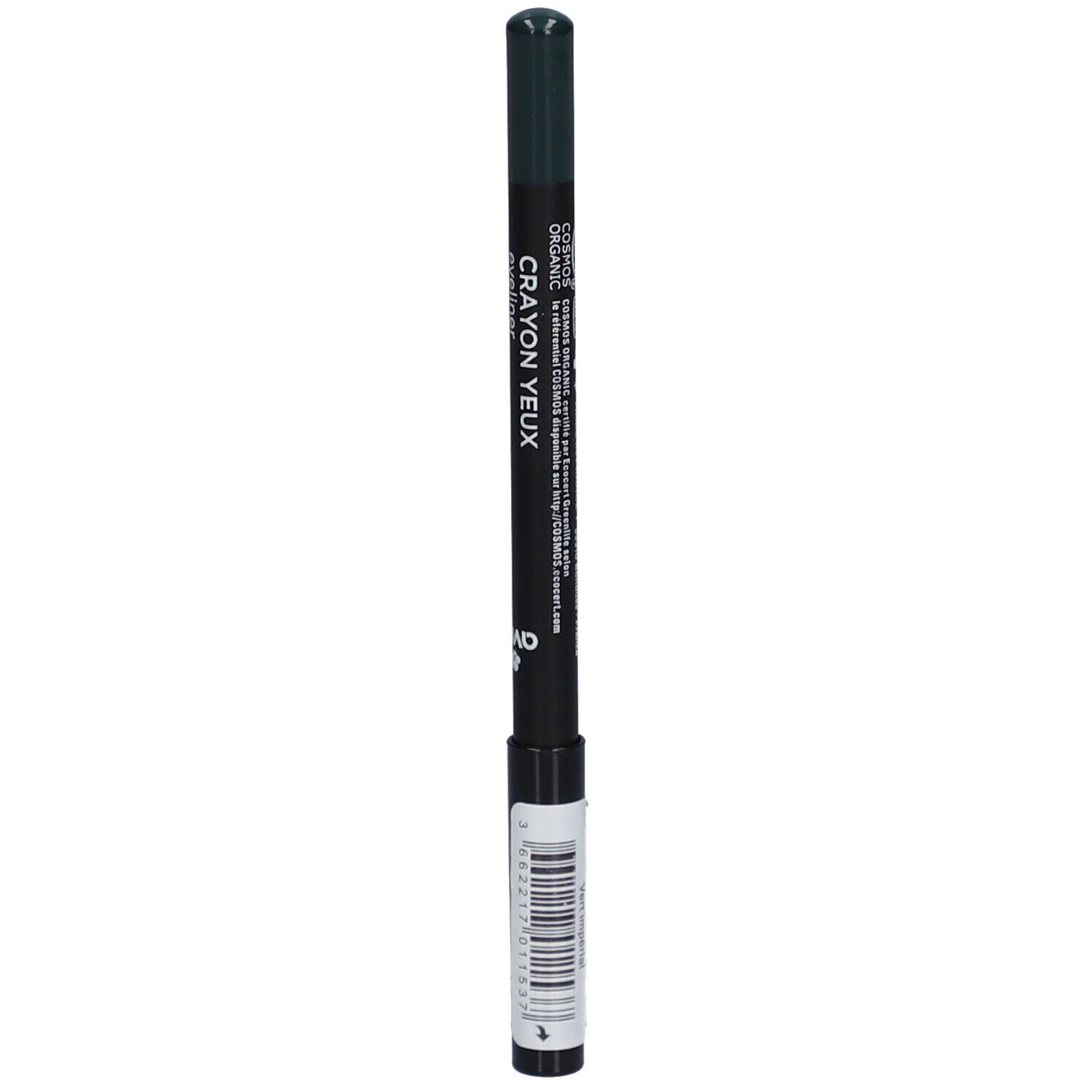 Crayon pour les yeux vert. Inscription: Crayon Yeux Eyeliner. Certifications. Avec code-barres.
