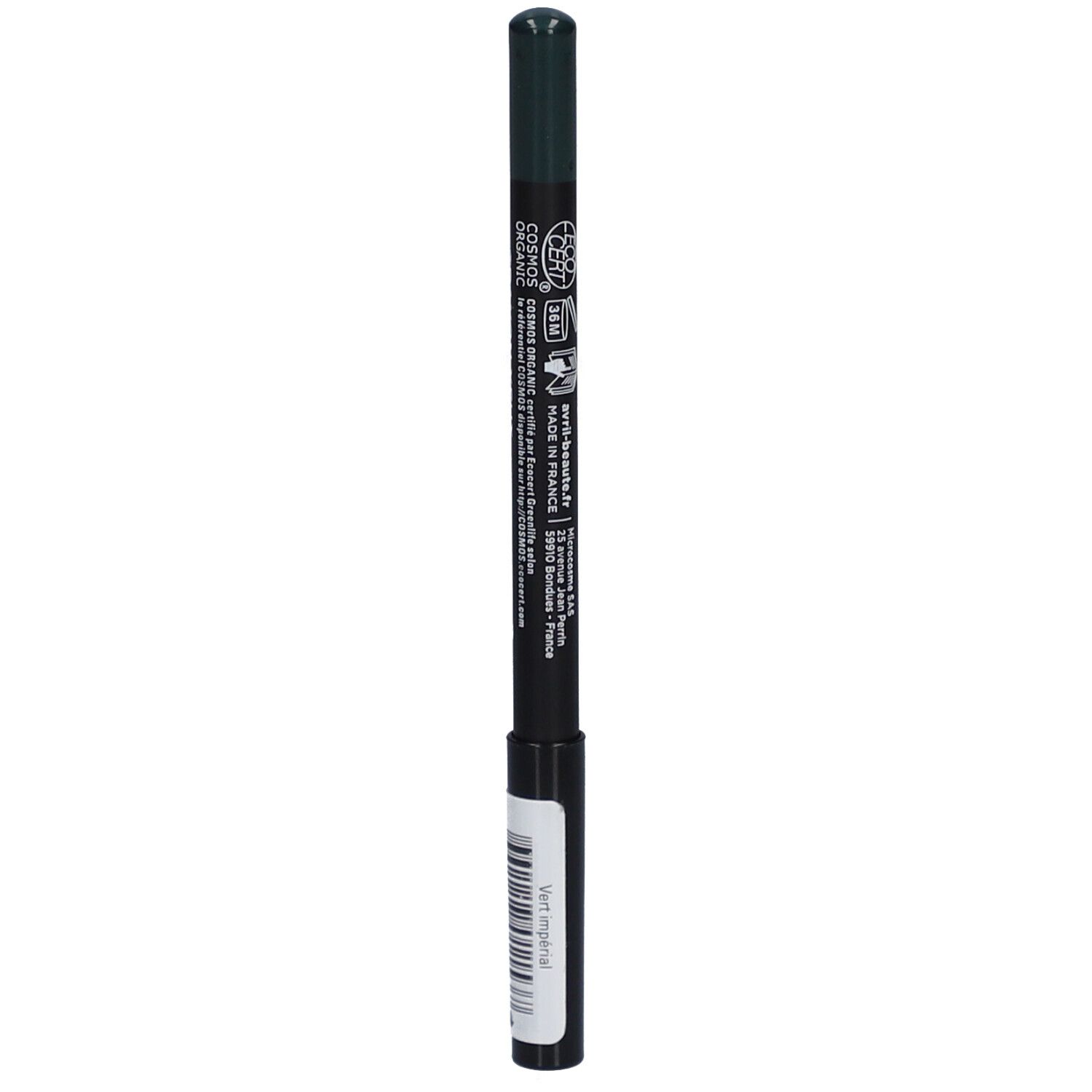 Crayon pour les yeux vert. Inscription: Crayon Yeux Eyeliner. Certifications. Avec code-barres.