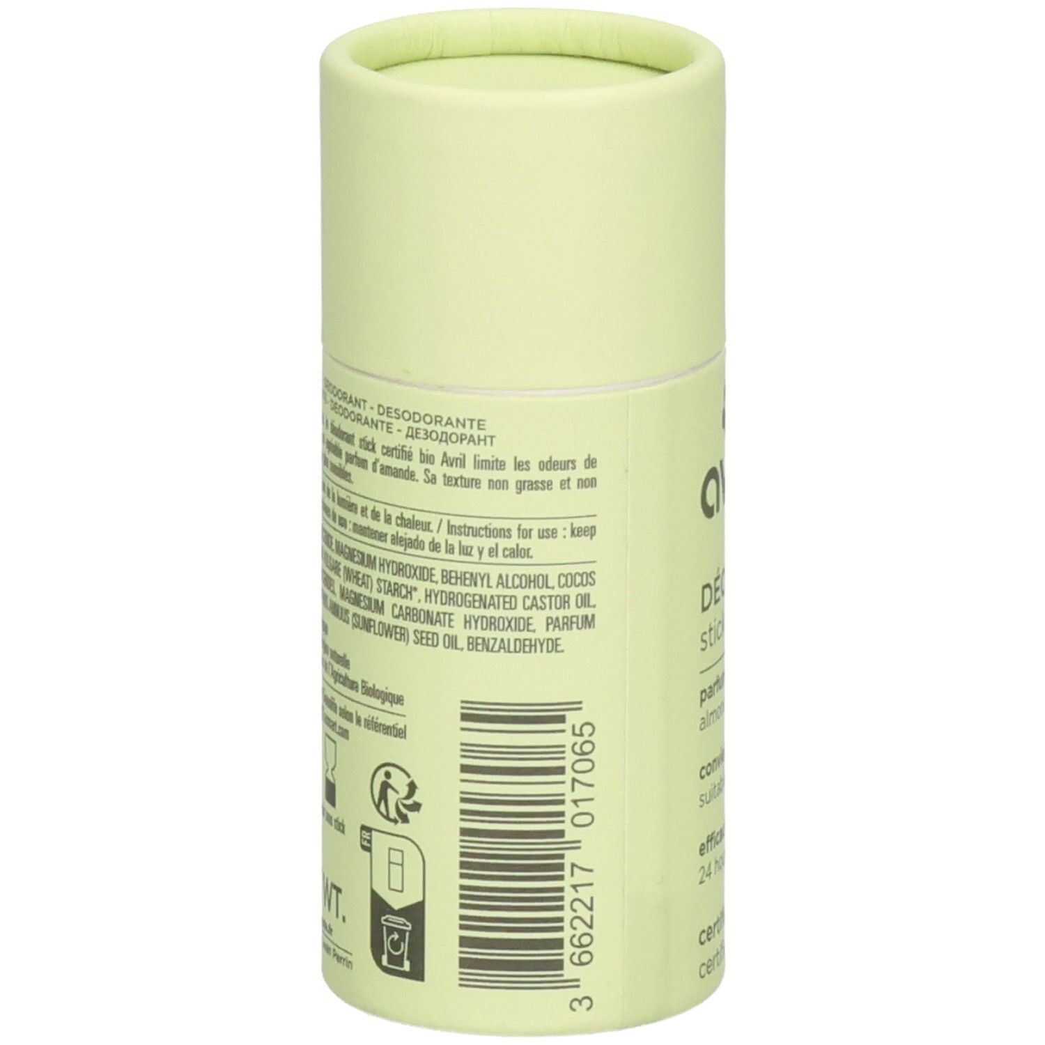 Rückseite des Deosticks von Avril. Enthält Inhaltsstoffe, Gebrauchsanweisung und Barcode. Hellgrüner Hintergrund.