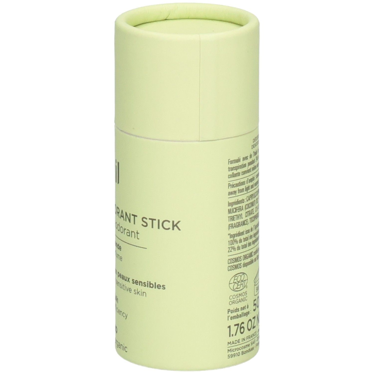 Deostick von Avril, Rückseite mit Inhaltsstoffen und Zertifizierungen. Hellgrüner Hintergrund.