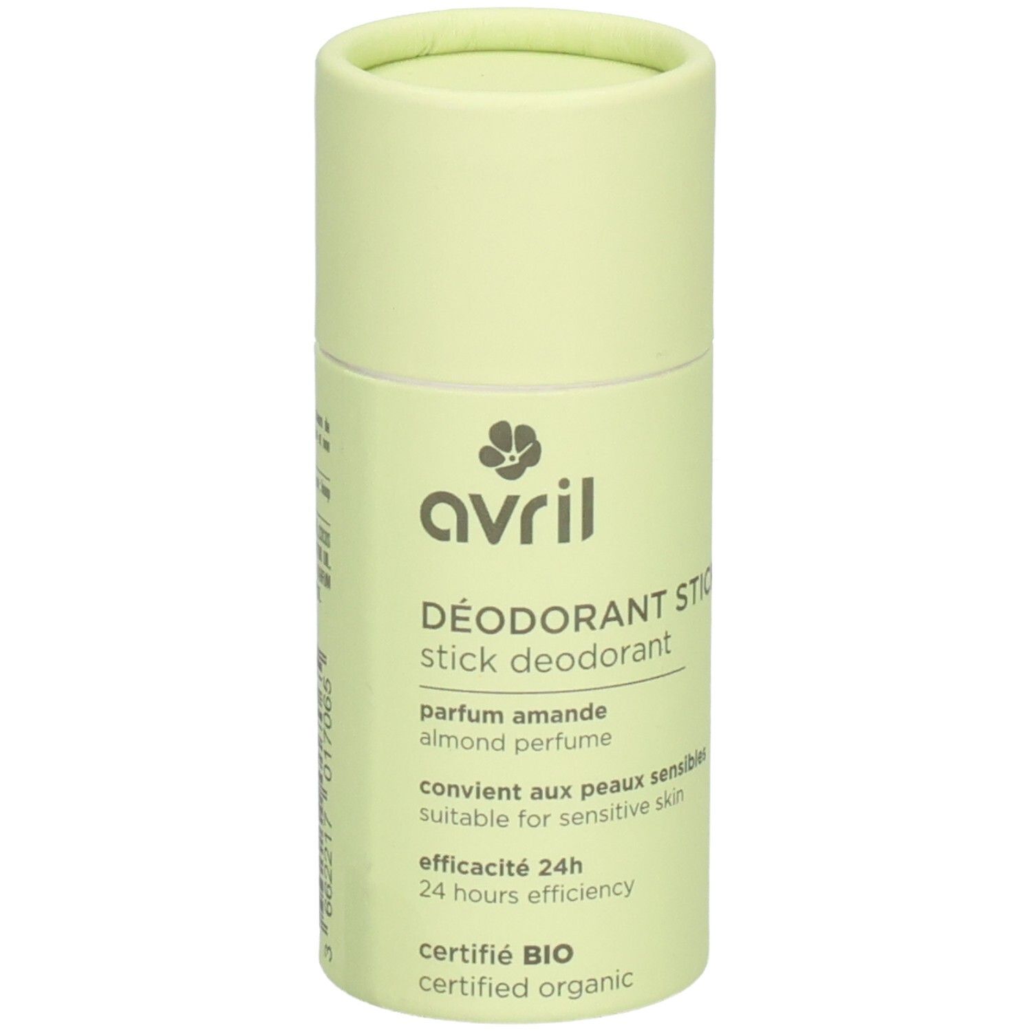 Deostick von Avril, hellgrüne Verpackung. Produktname und Zertifizierung sichtbar. Text: 'Déodorant Stick', 'parfum amande'.