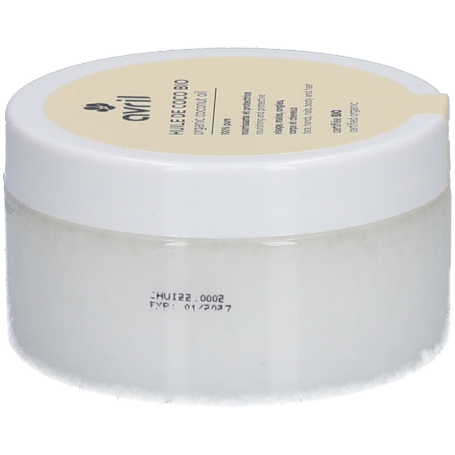 Pot blanc avec couvercle jaune. Inscription : Avril, Huile de Coco Bio, organic coconut oil, 100% pure. Certification bio. Date de production.
