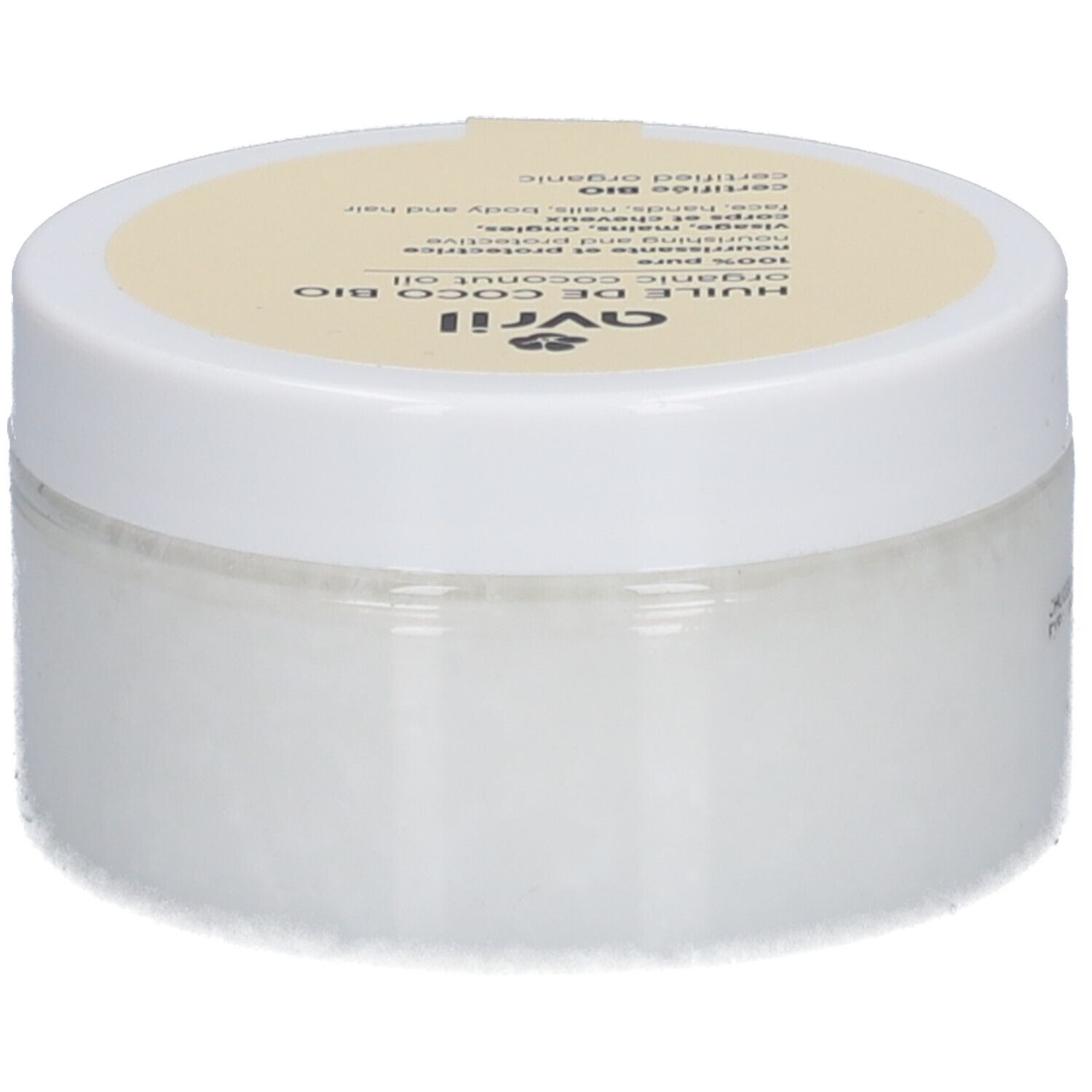 Pot blanc avec couvercle jaune. Inscription : Avril, Huile de Coco Bio, organic coconut oil, 100% pure. Certification bio. Étiquette produit.
