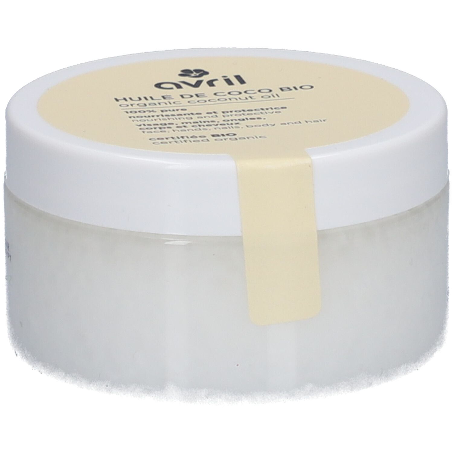 Pot blanc avec couvercle jaune. Inscription : Avril, Huile de Coco Bio, organic coconut oil, 100% pure. Certification bio. Étiquette produit.