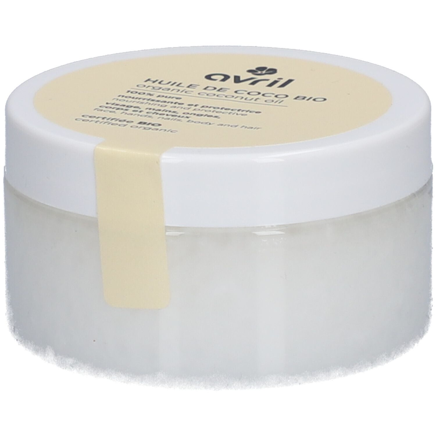 Pot blanc avec couvercle jaune. Inscription : Avril, Huile de Coco Bio, organic coconut oil, 100% pure. Certification bio. Étiquette produit.