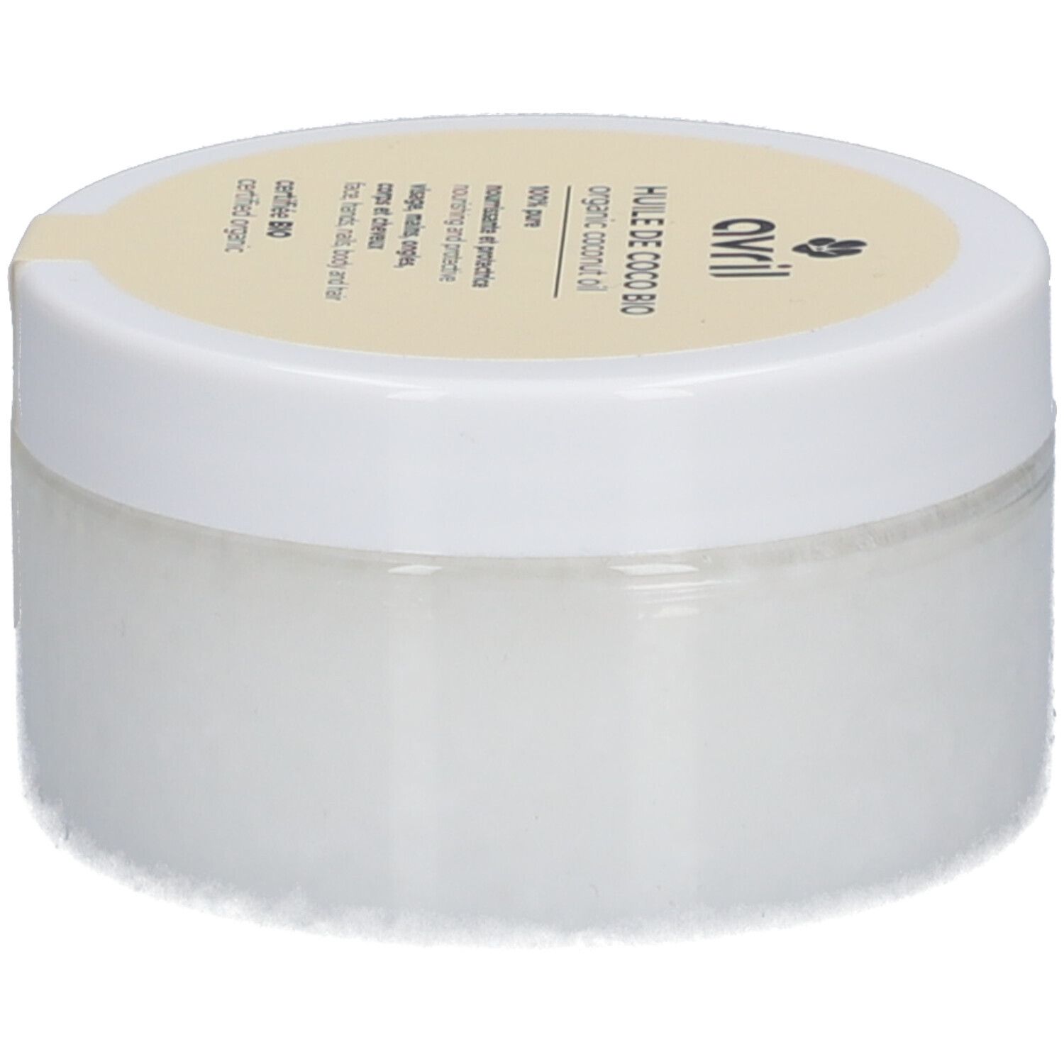 Pot blanc avec couvercle jaune. Inscription : Avril, Huile de Coco Bio, organic coconut oil, 100% pure. Certification bio. Étiquette produit.